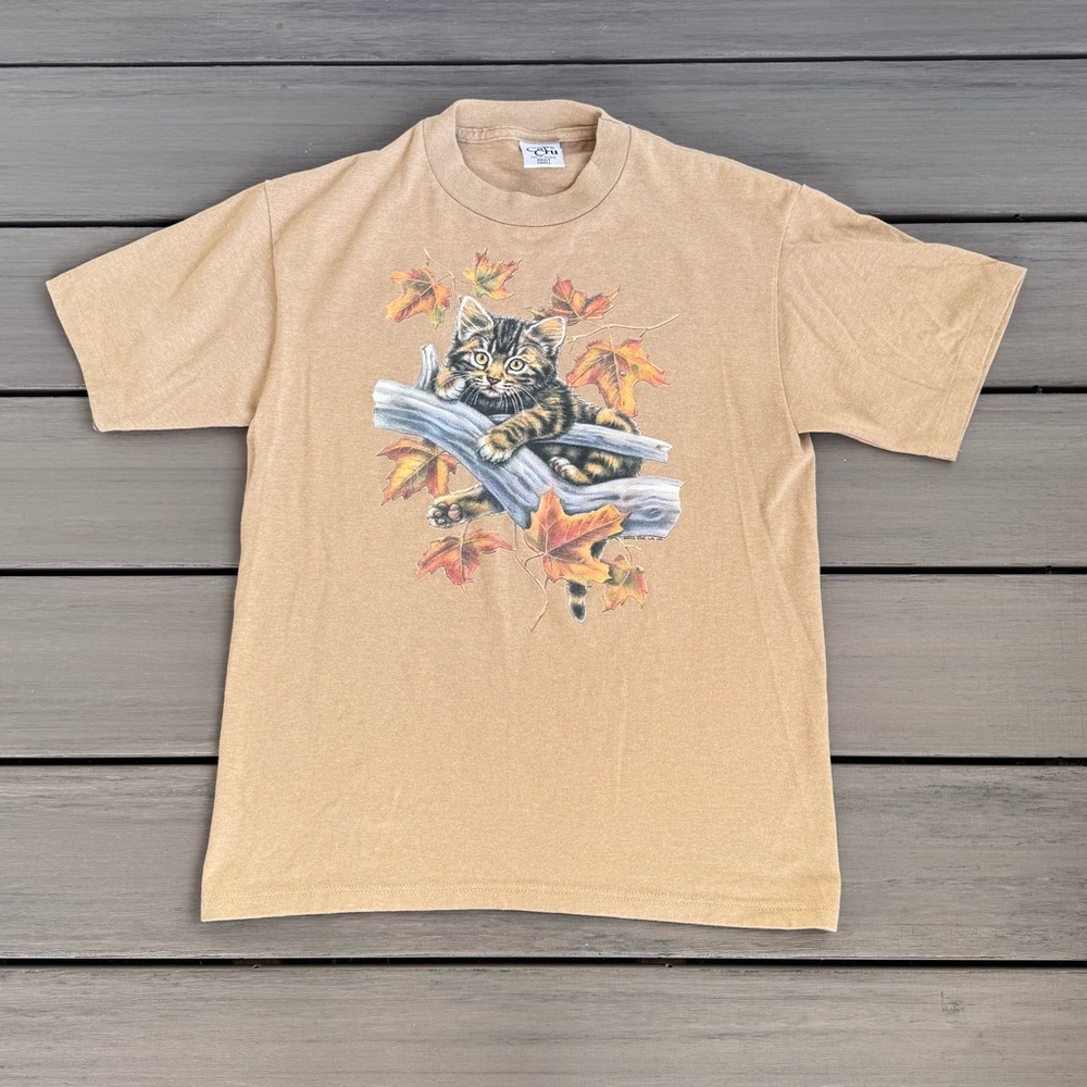 Vintage Cal Cru Single Stitch Short Sleeve Tee‎ Cat Autumn Leaves Size Small USA